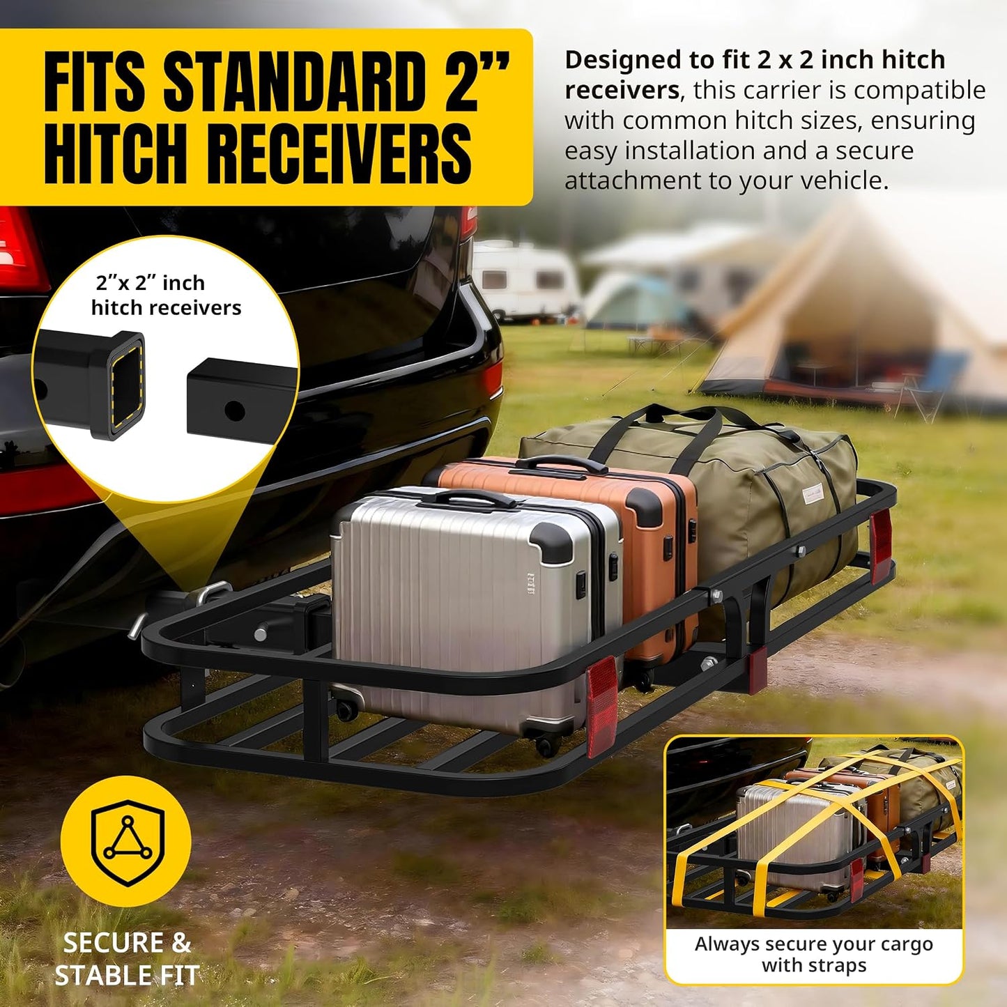 Heavy-Duty Hitch Cargo Carrier – 53" x 19.5" Steel Trailer-Mount Cargo Basket with High Side Rails, 500 lb Capacity for 2" Receivers, Black