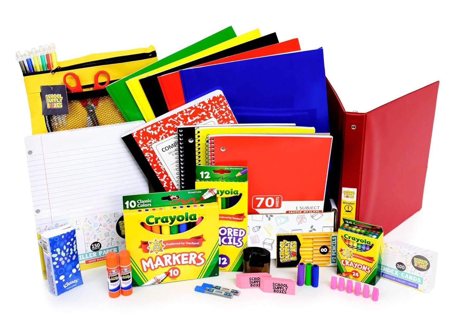 Elementary School Essentials Bundle (91 Pieces per Box) - Includes Binders, Folders, Notebooks, Filler Paper, Pencils, Notecards, Pens, and More