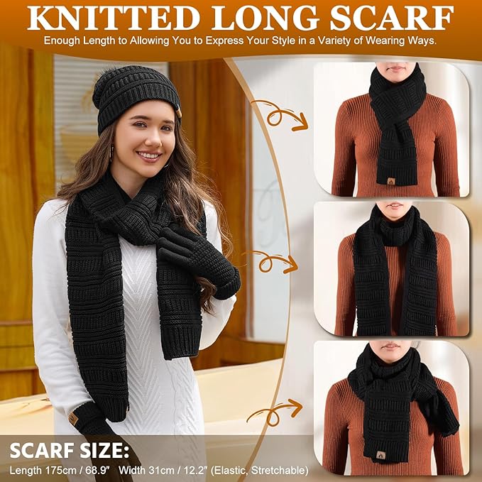 Womens Winter Beanie Hat Scarf Gloves Set Fleece Hat Long Scarf Neck Warmer Ear muffs Fuzzy Socks 5 in 1 Knit Sets