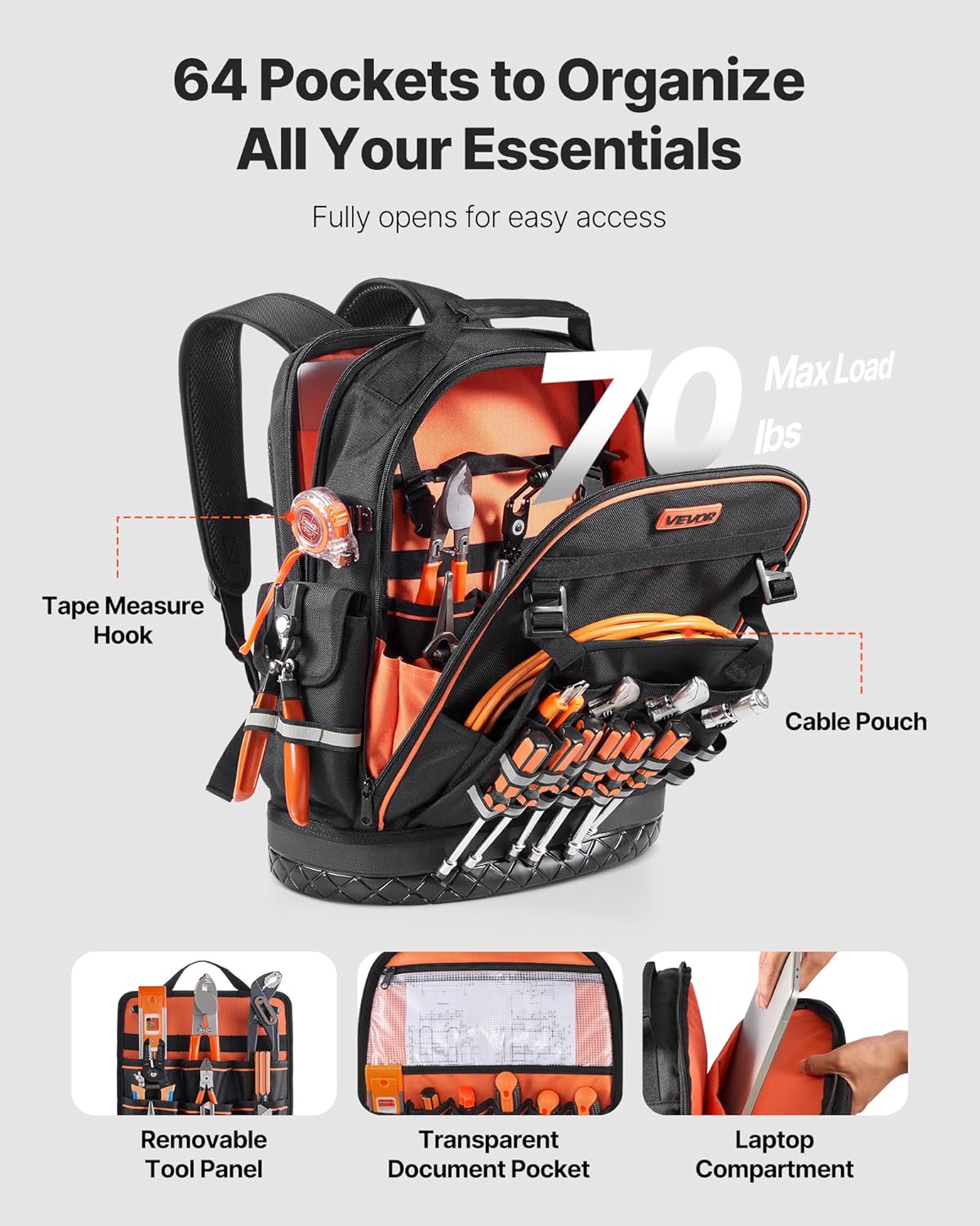 64 Pocket Heavy-Duty Tool Backpack – Jobsite Organizer Bag with Laptop Compartment & Molded Base for Electricians & HVAC Techs