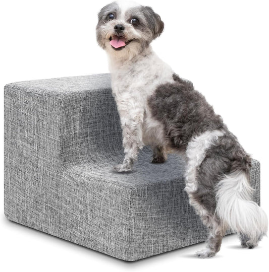 2-Step Foam Dog Stairs – Non-Slip Pet Steps for Small Dogs & Cats, 12" Height – Ash Gray Linen