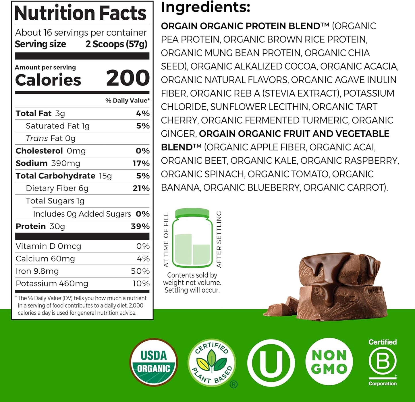 Orgain Organic 30g Vegan Protein Powder – Chocolate, Plant-Based Protein with Prebiotic Fiber – 2.01 lb