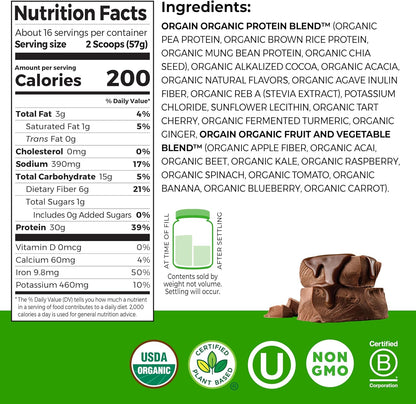 Orgain Organic 30g Vegan Protein Powder – Chocolate, Plant-Based Protein with Prebiotic Fiber – 2.01 lb