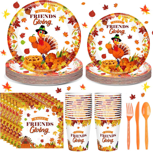 168-Piece Friendsgiving Tableware Set – Orange Thanksgiving Paper Plates & Napkins for Fall Parties