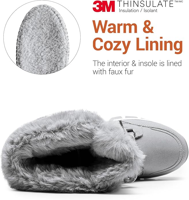 Hespera Women’s Waterproof Snow Boots – Faux Fur Insulated Lace-Up Mid-Calf Winter Shoes (Light Grey, Size 8.5)