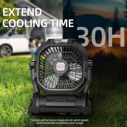Rechargeable Camping Fan with LED Light & Hook - 20000mAh Battery, 4-Speed, 270° Adjustable