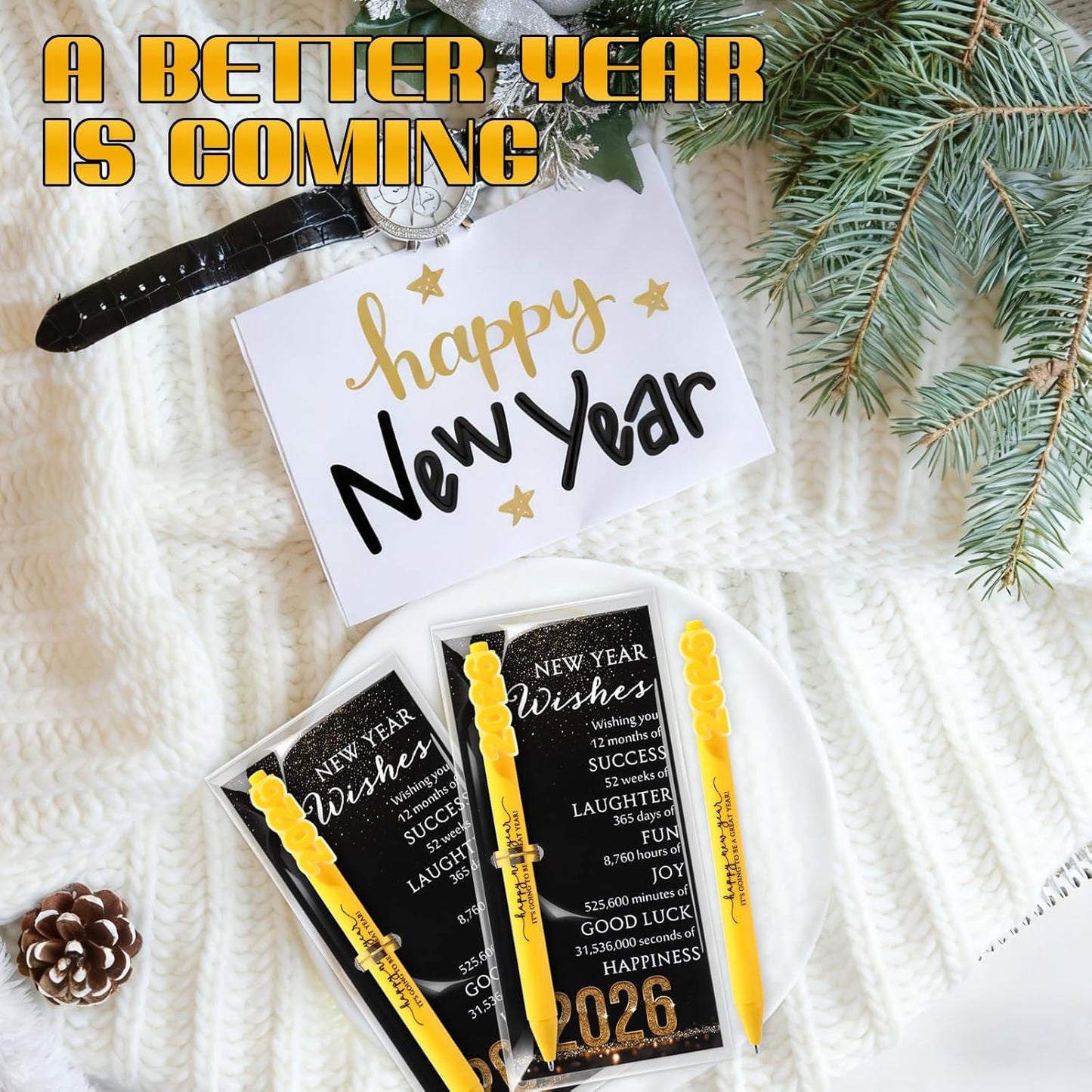 50 Sets Happy New Year Gifts Bulk 2026 New Years Eve Party Favors for Guests Include Inspirational Ballpoint Pen and Blessing Cards 2026 Gifts for Coworkers Friends Family