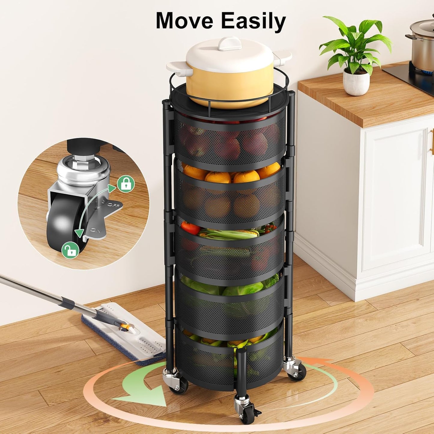 5-Tier Rotating Fruit & Vegetable Basket – Rolling Kitchen Storage Rack with Wheels & Lid – Black