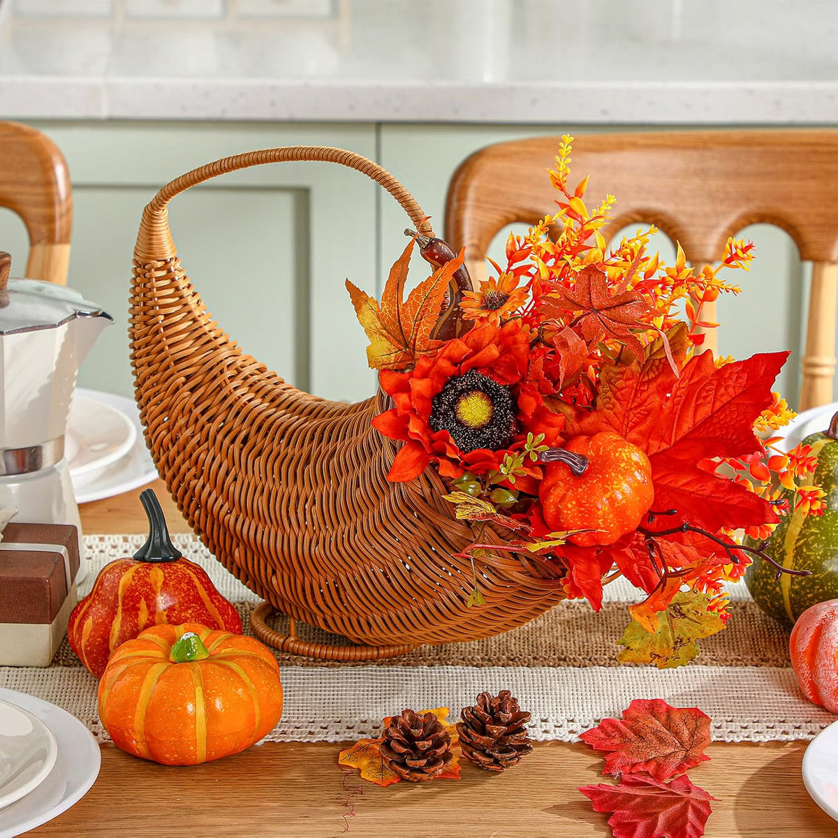 Fall Cornucopia Harvest Basket – Fern Thanksgiving Table Centerpiece for Autumn Home Décor