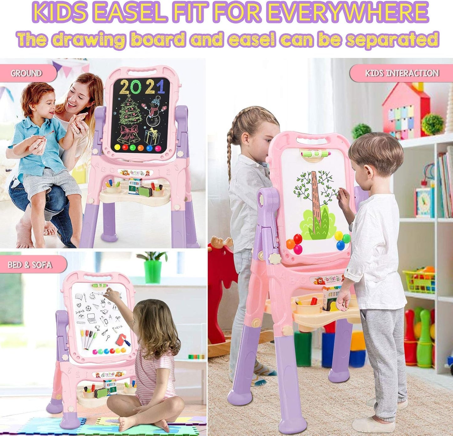 Kids Art Easel – Adjustable Double-Sided Rotating Easel with Painting Accessories (Pink)