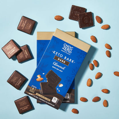 Sugar-Free Dark Chocolate Almond Keto Bark with Sea Salt – Vegan, Low Carb, High Fiber, No Sugar Alcohols, 3.2 oz Bars (4 Pack)