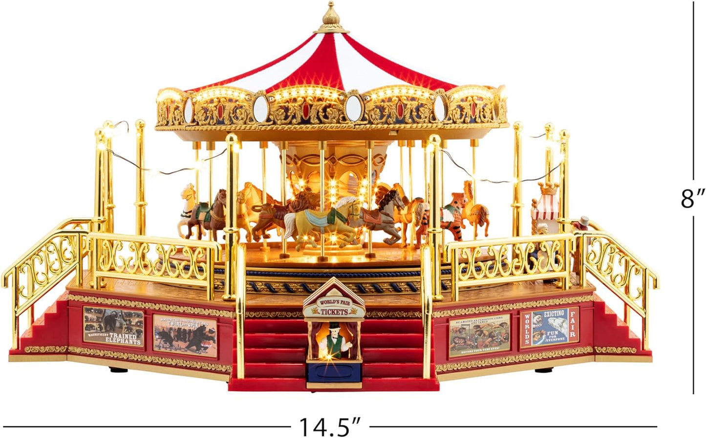 Red Gold Label Animated Carousel - 8-Inch Musical Christmas Decoration with LED Lights and 50 Songs