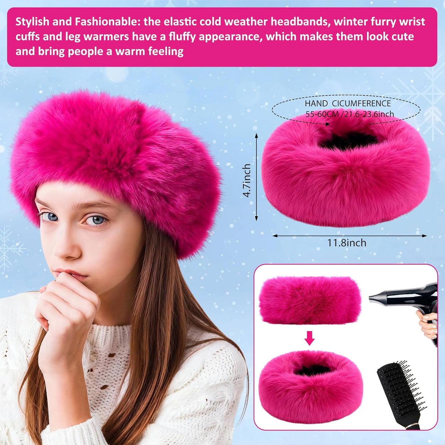 6-Piece Faux Fur Winter Accessories Set – Ear Warmer Headband, Wrist Cuffs & Leg Warmers (Rose Red/Black)