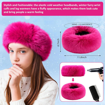 6-Piece Faux Fur Winter Accessories Set – Ear Warmer Headband, Wrist Cuffs & Leg Warmers (Rose Red/Black)
