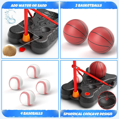 2-in-1 Kids Basketball Hoop and T Ball Set, Adjustable Basket Ball Stand, Outdoor and Indoor Toys Gifts