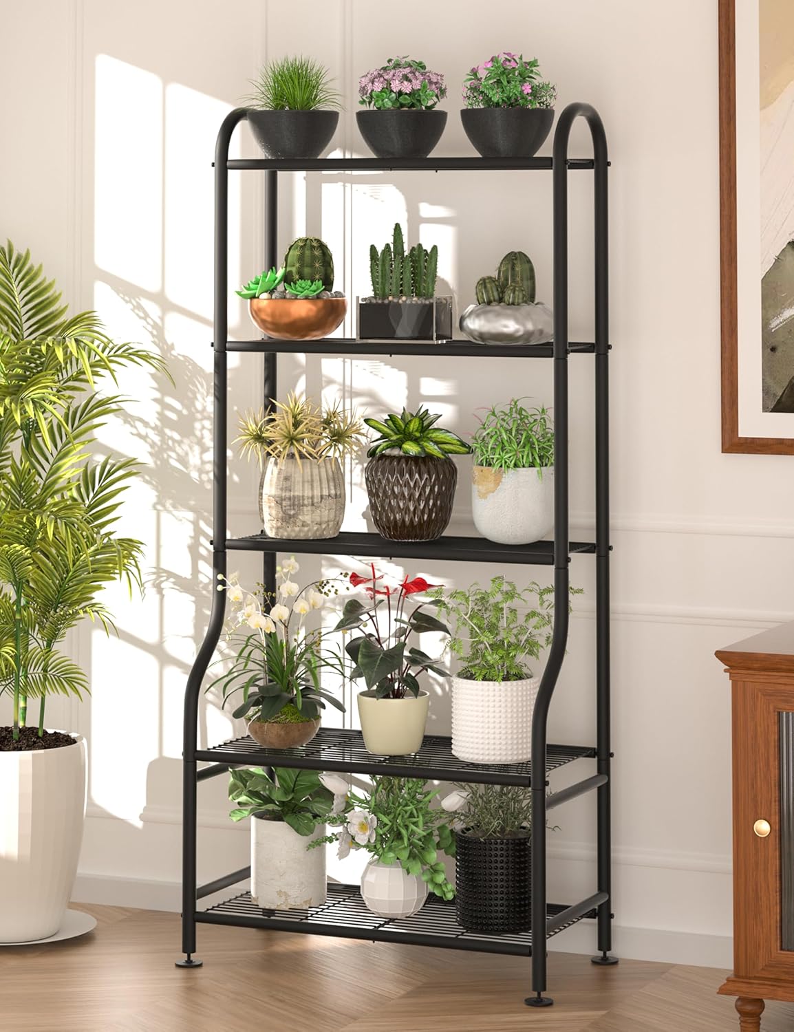 5-Tier Metal Plant Stand – Heavy Duty Waterproof Indoor Outdoor Plant Shelf with Leveling Feet for Living Room, Patio & Garden – Black