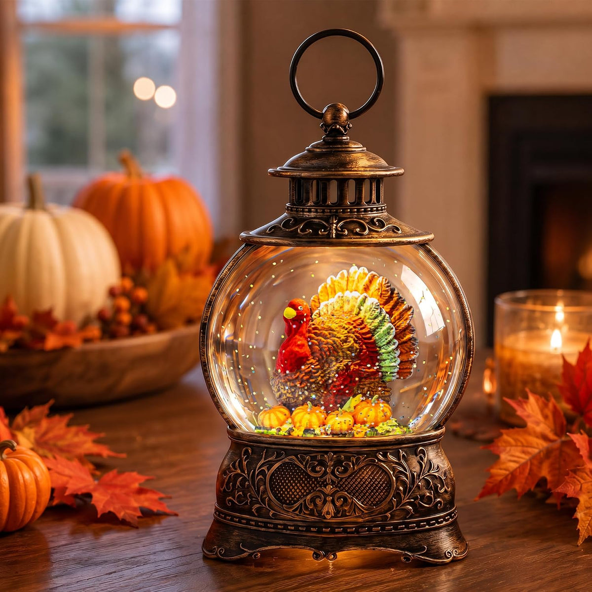 Fall Snow Globe Lantern – Lighted Glitter Water Lantern with Turkey in Pumpkin for Thanksgiving & Autumn Décor