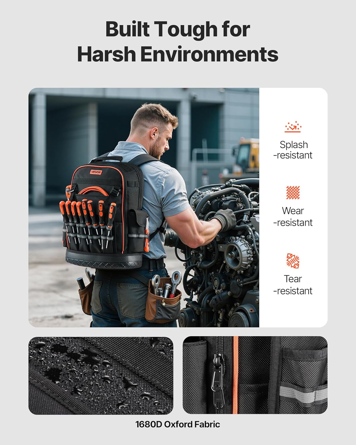 64 Pocket Heavy-Duty Tool Backpack – Jobsite Organizer Bag with Laptop Compartment & Molded Base for Electricians & HVAC Techs