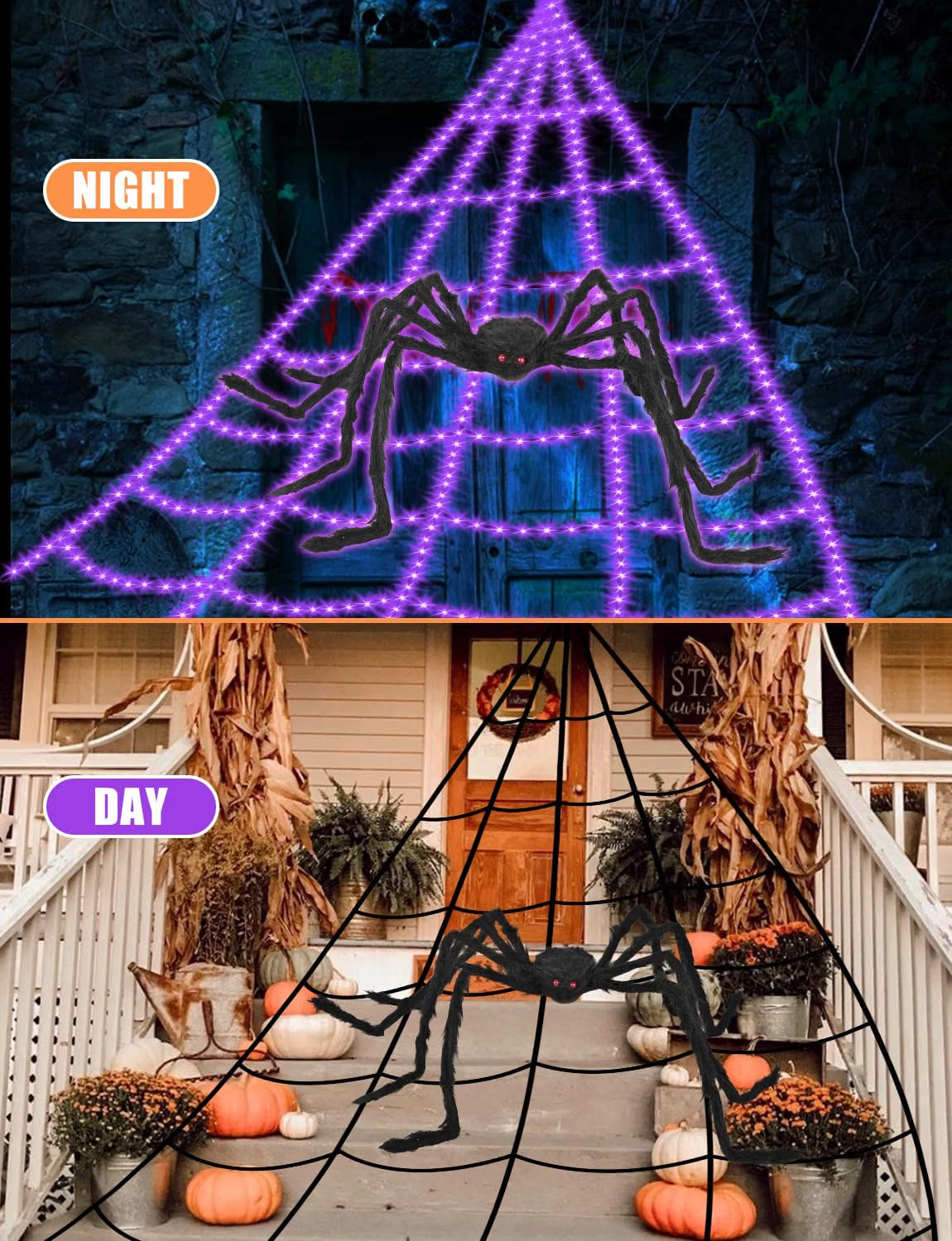 16.4 FT Halloween Spider Web Lights with Spider – 550 LED Waterproof Outdoor Yard Decoration with 8 Lighting Modes & Memory Function