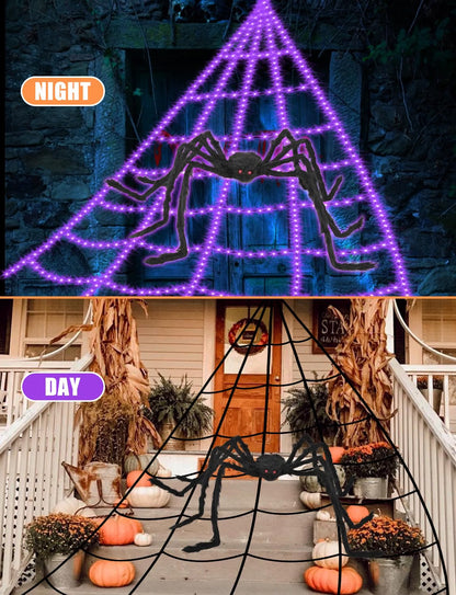 16.4 FT Halloween Spider Web Lights with Spider – 550 LED Waterproof Outdoor Yard Decoration with 8 Lighting Modes & Memory Function
