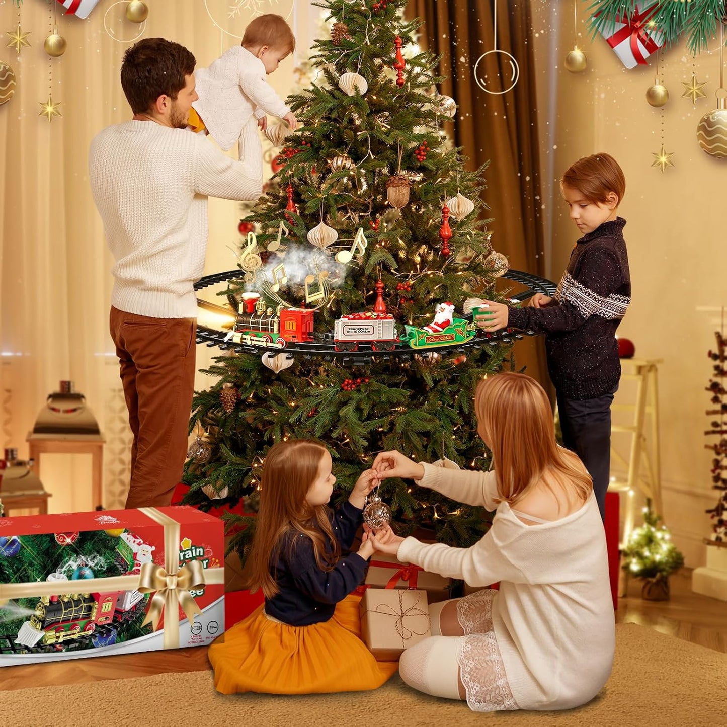 Holiday Train Set for Christmas - Hanging Toys with Smoke, Whistle (On/Off), and Lights for Tree Decoration