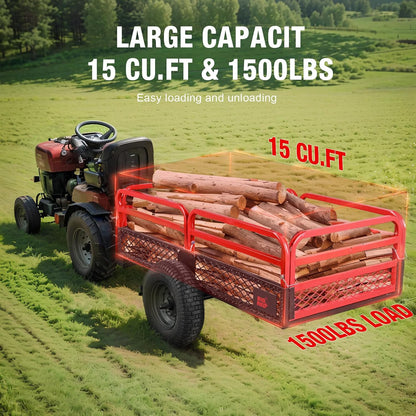 Heavy-Duty ATV Steel Dump Cart – 1,500 lb Capacity, 15 Cu. Ft. Garden Utility Trailer for Lawn Mowers & Tractors