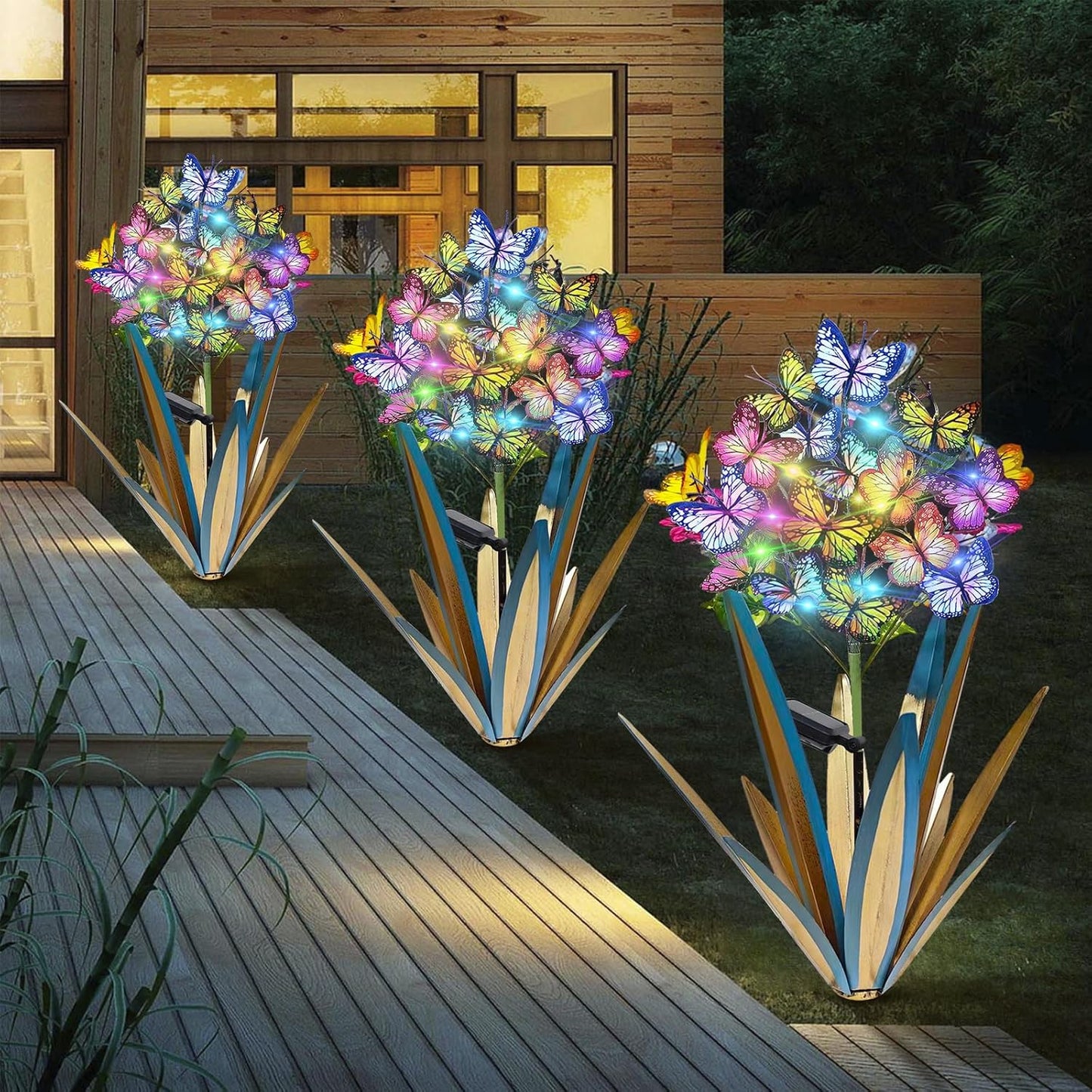 Solar Metal Agave Garden Stakes (3 PCS Blue) – Butterfly & Sunflower Outdoor Decor with Swaying Solar Lights for Yard, Patio & Lawn