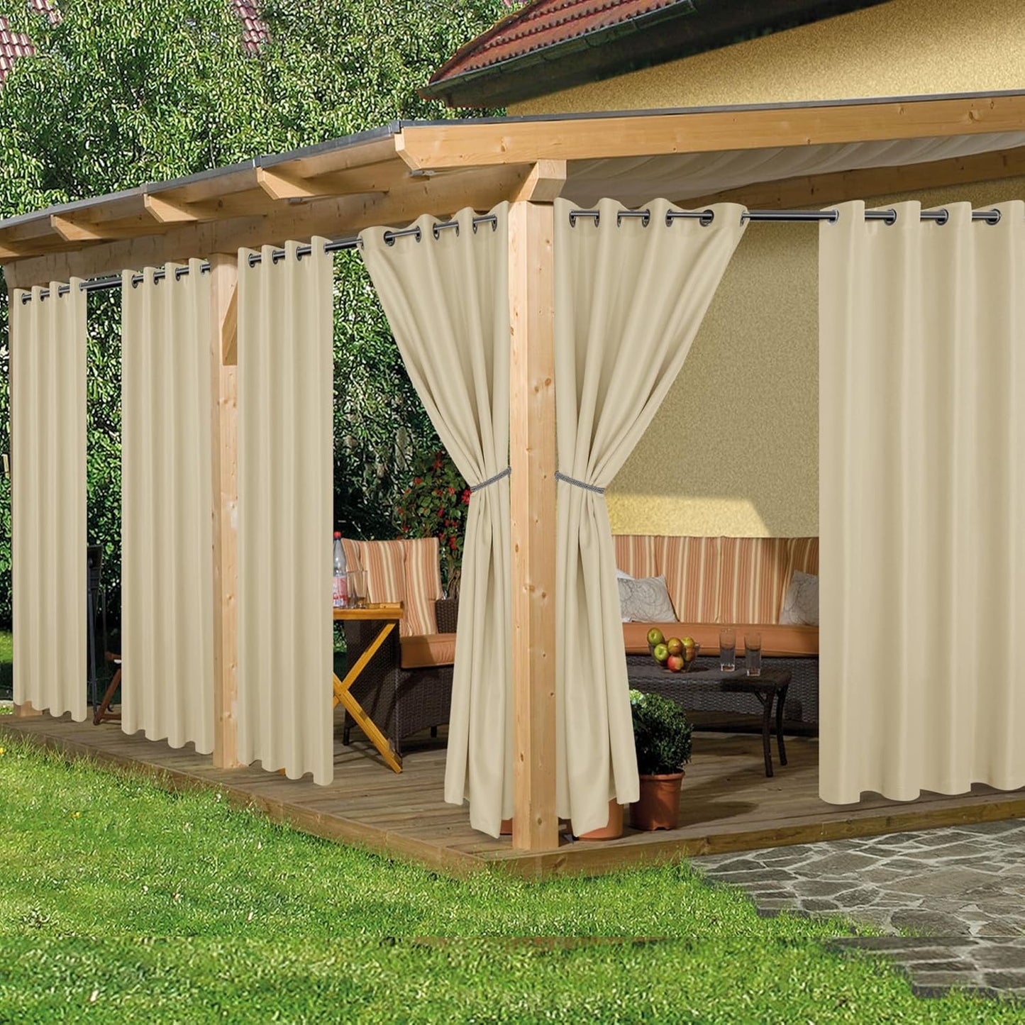 6 Panels Outdoor Privacy Curtains for Cabana Porch Pergola, Sunlight & UV Blocking