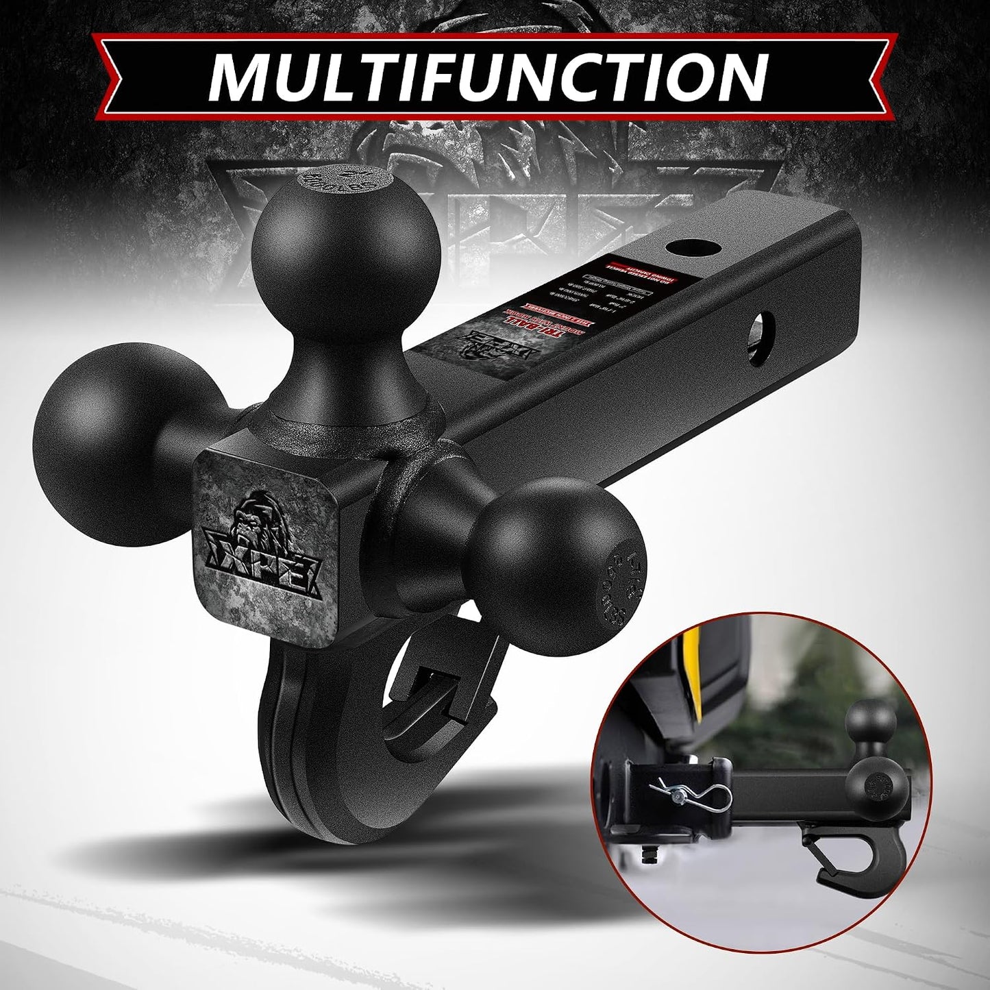 3-in-1 Tri Ball Trailer Hitch Mount – Matte Black Tow Hitch with Tow Hook & Interchangeable 1-7/8", 2" & 2-5/16" Hitch Balls for 2" Receivers