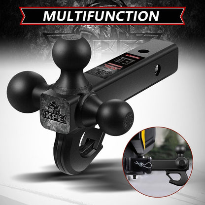 3-in-1 Tri Ball Trailer Hitch Mount – Matte Black Tow Hitch with Tow Hook & Interchangeable 1-7/8", 2" & 2-5/16" Hitch Balls for 2" Receivers