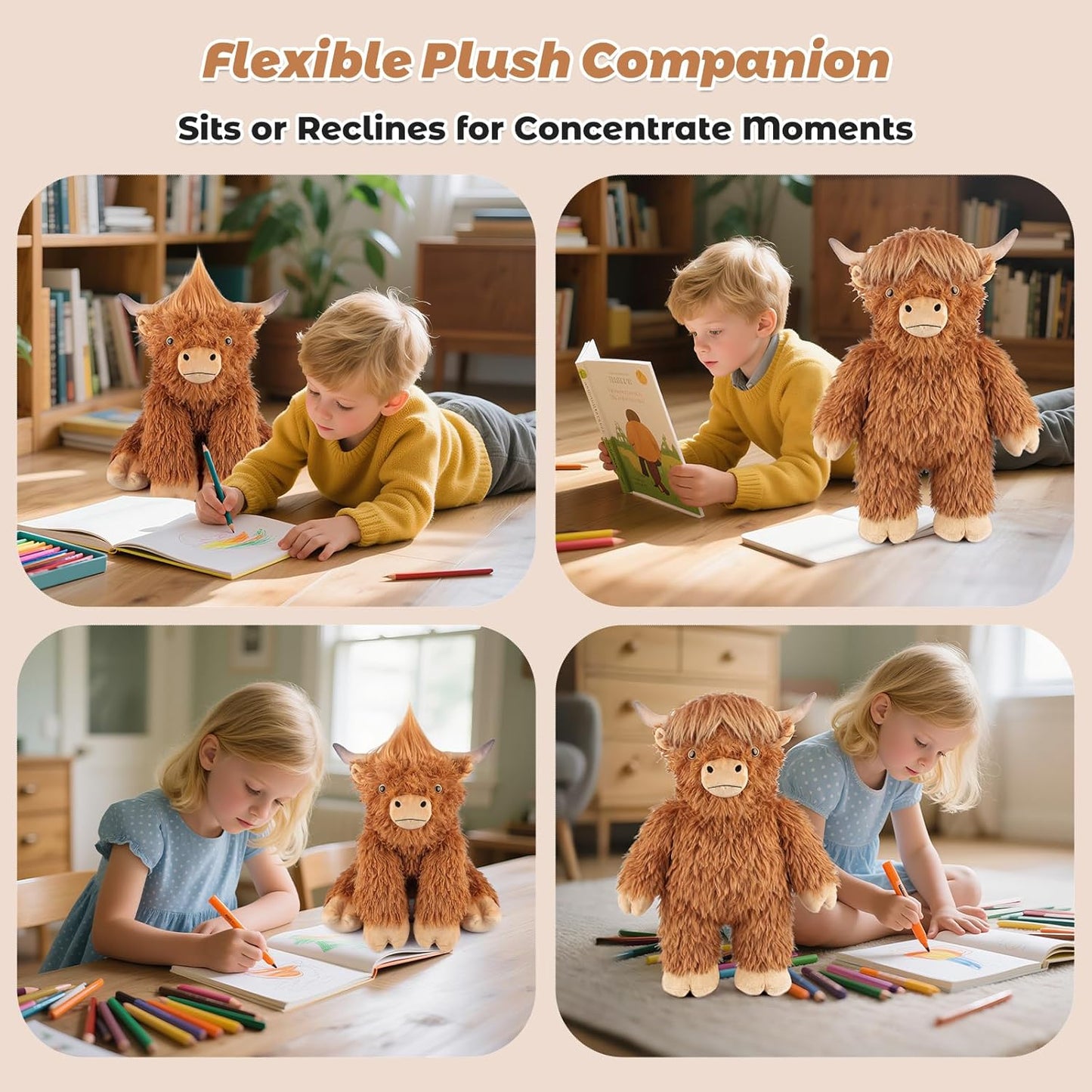 24" Highland Cow Weighted Plush – 4.5 lb Adjustable Sitting/Laying Stuffed Animal with Removable Ceramsite Bag