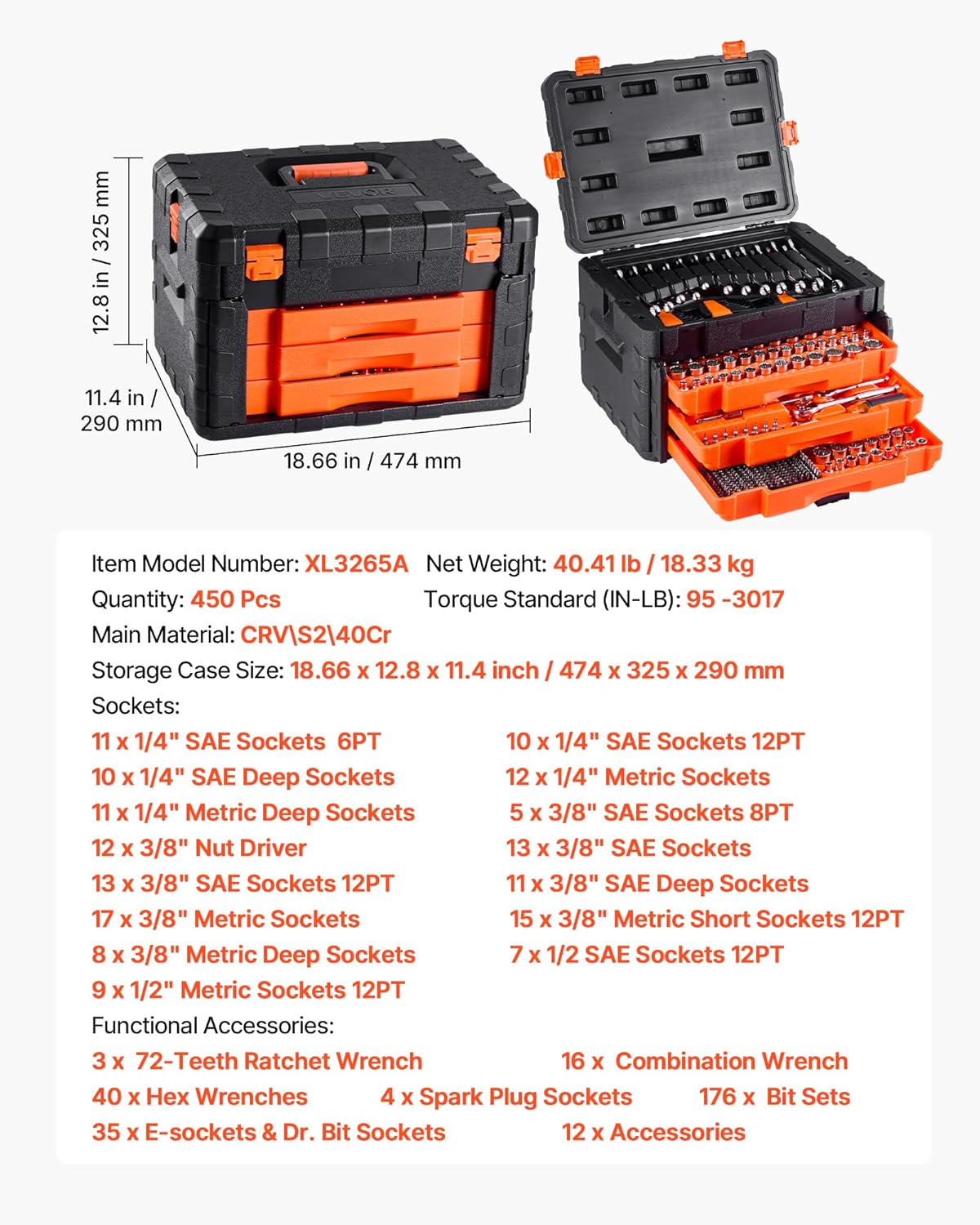 450-Piece Mechanics Tool Set & Socket Set, SAE & Metric, 1/4", 3/8", & 1/2" Drive