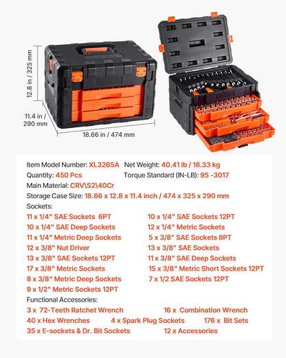 450-Piece Mechanics Tool Set & Socket Set, SAE & Metric, 1/4", 3/8", & 1/2" Drive