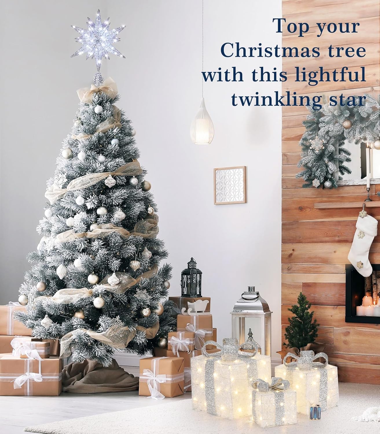 Christmas Tree Topper - 9.6" 3D Silver Star with USB Plug & Remote Control, Featuring 6H Timer and 8 Lighting Modes