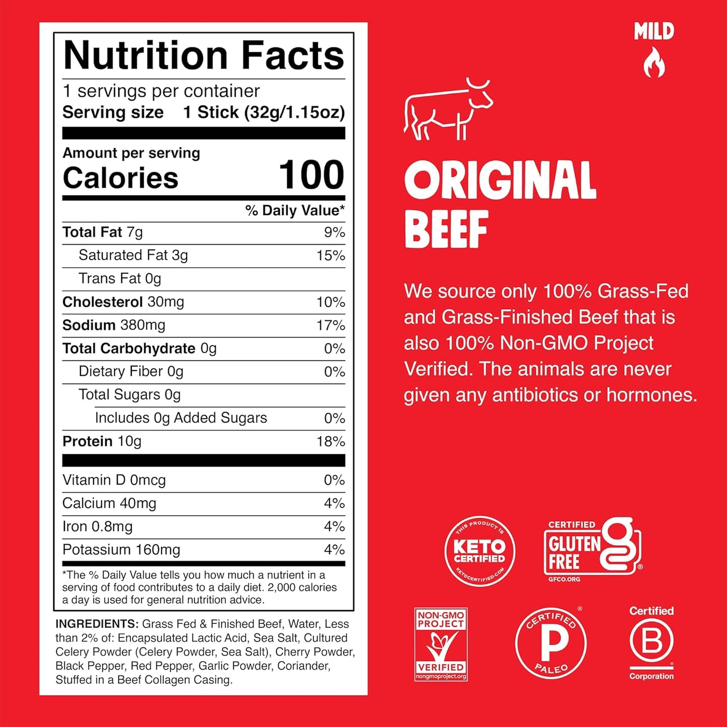 Grass-Fed Original Beef Jerky Snack Sticks – Keto, Paleo, Whole30, 10g Protein, Gluten-Free, Zero Sugar, Non-GMO (10 Pack)