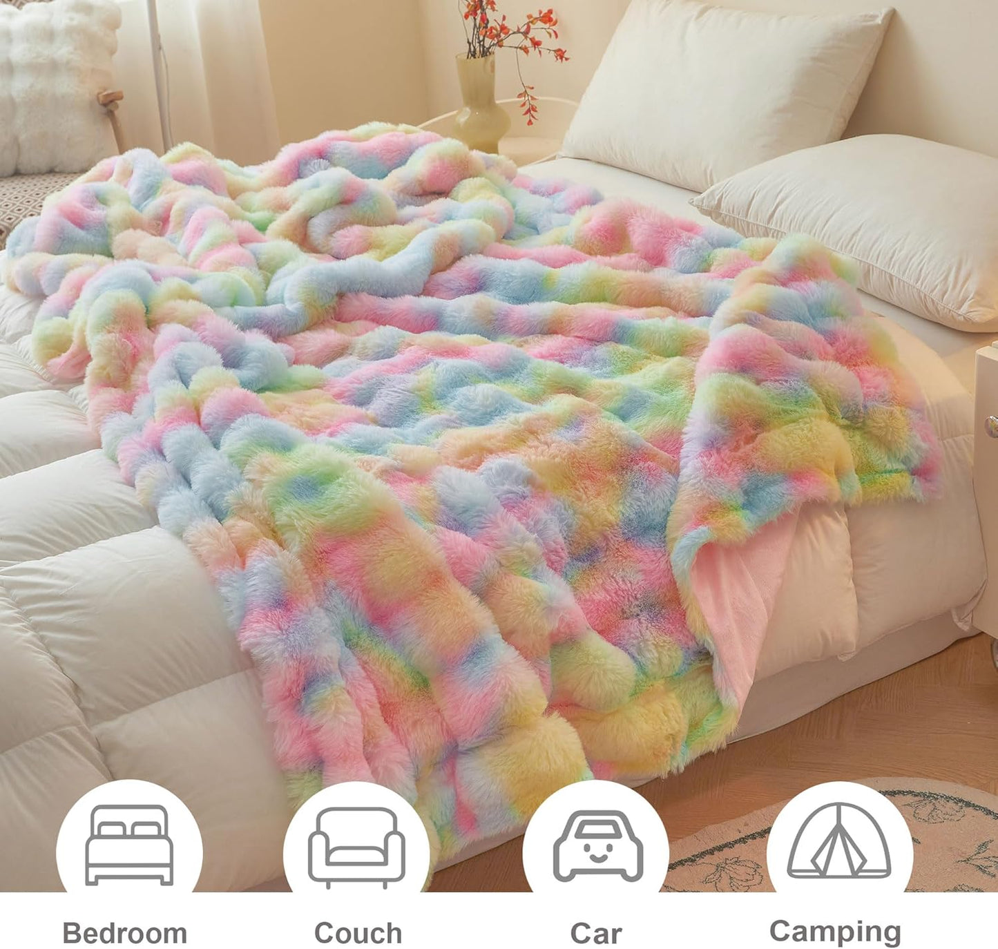 Fluffy Faux Rabbit Fur Bubble Throw – Rainbow Plush Shaggy Blanket (50" x 60")