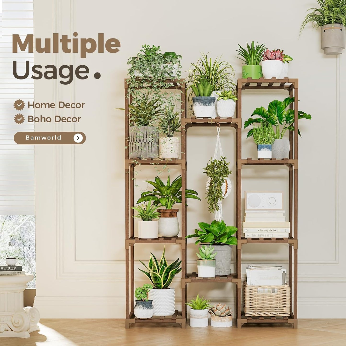 Tall Wooden Plant Stand for Indoor & Outdoor Use – Multi-Tier Flower Shelf for Living Room, Patio, Balcony & Garden (Brown)