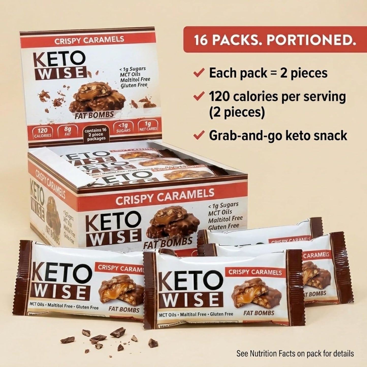 Crispy Caramel Fat Bombs – Keto-Friendly, Zero Sugar Added, Low Carb with MCT Oil, 16 Count