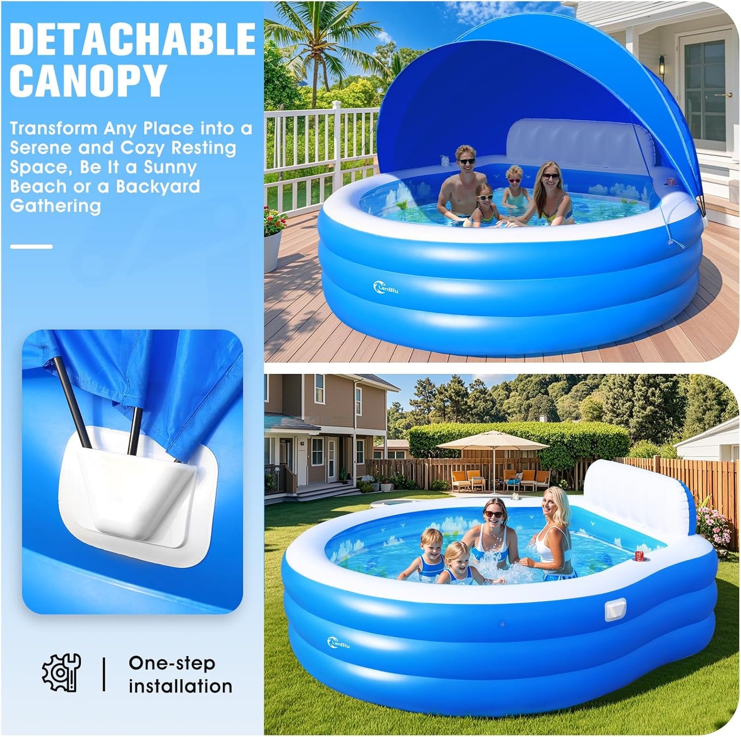 2026 Extra Large Inflatable Family Pool with Canopy – Round Backyard Lounge Pool with Bench & Backrest for Kids & Adults – 90" x 90" x 80"