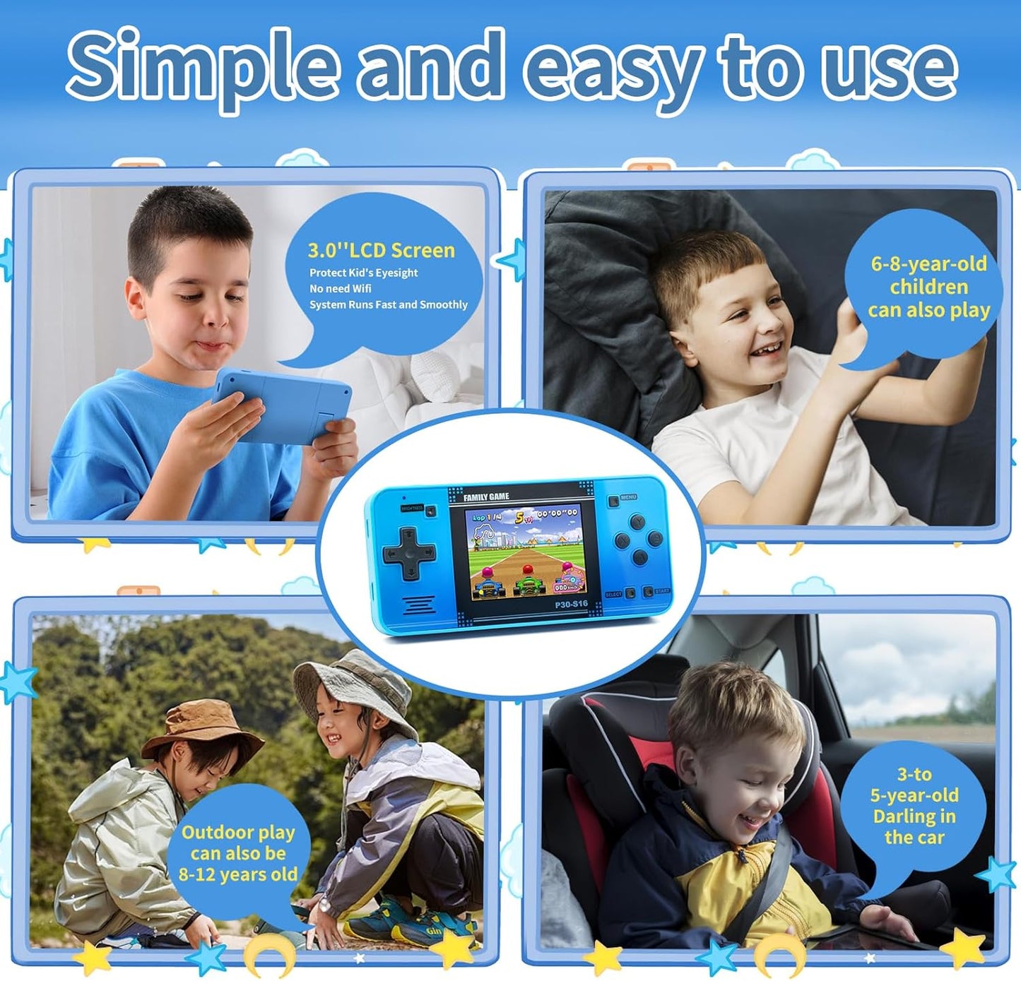 Handheld Game Console: 220 Retro Video Games, Portable with 3.0" LCD Screen & Rechargeable Battery - Blue!