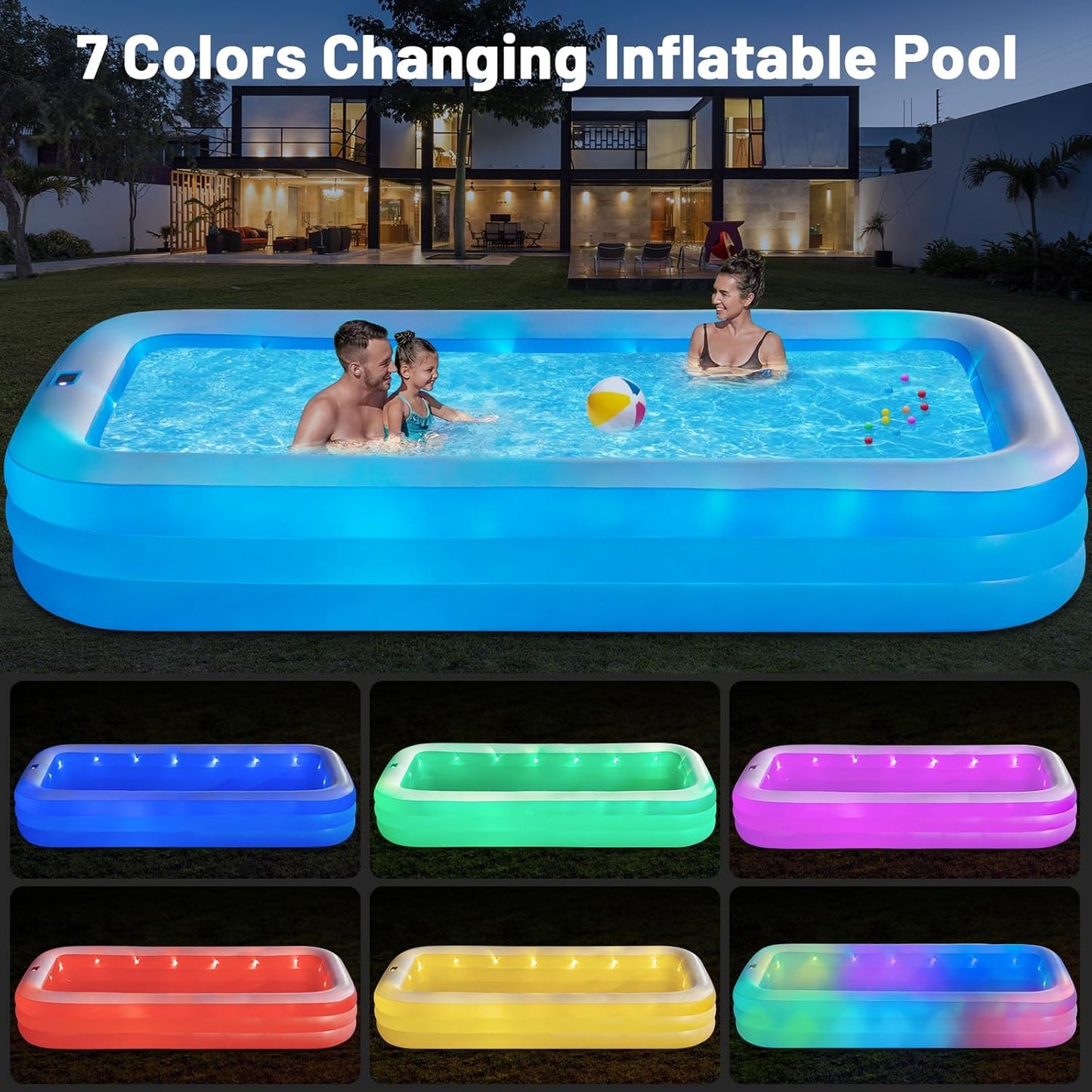 Inflatable Solar Pool with Lights, 7-Color Blow-Up Pool for Kids and Adults