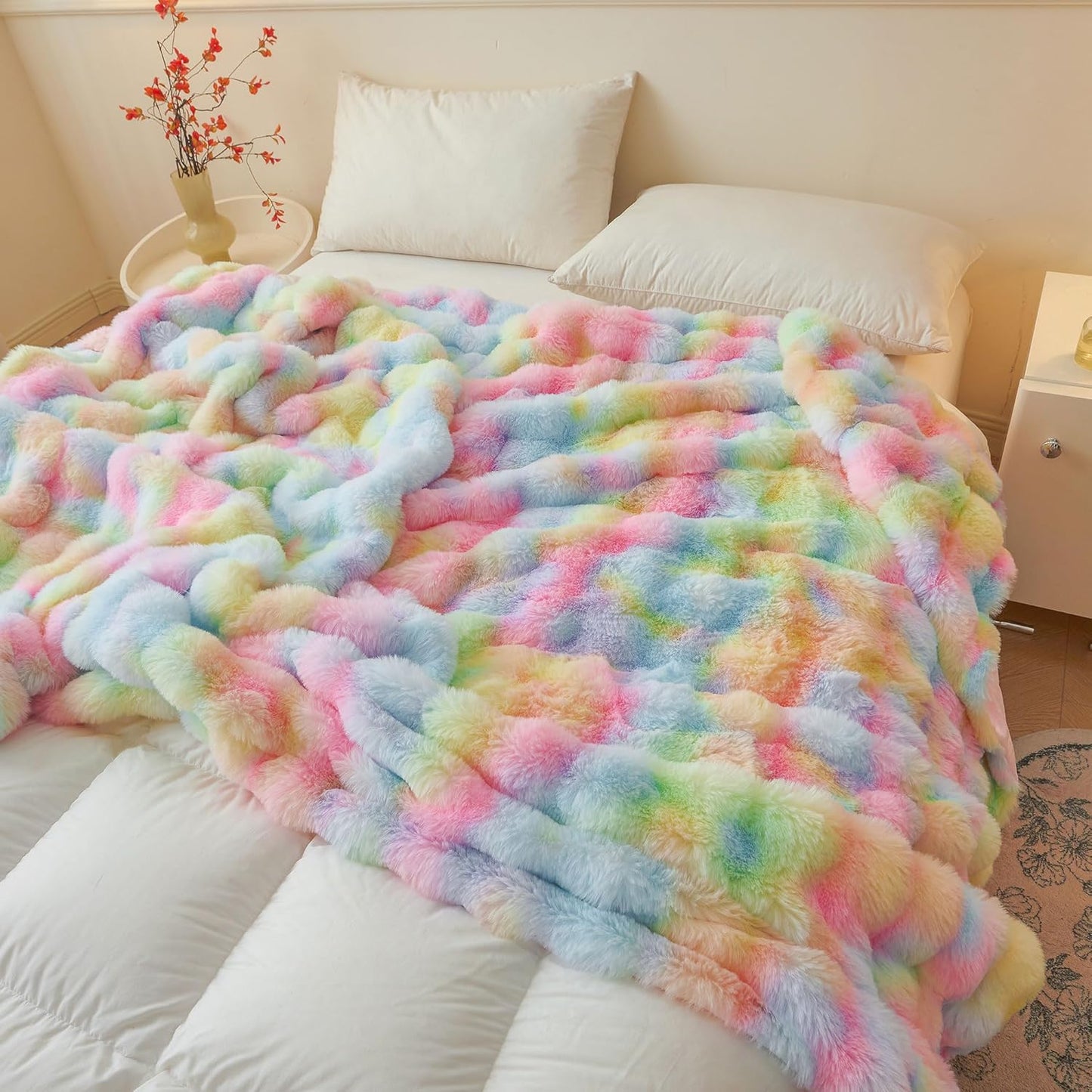 Fluffy Faux Rabbit Fur Bubble Throw – Rainbow Plush Shaggy Blanket (50" x 60")