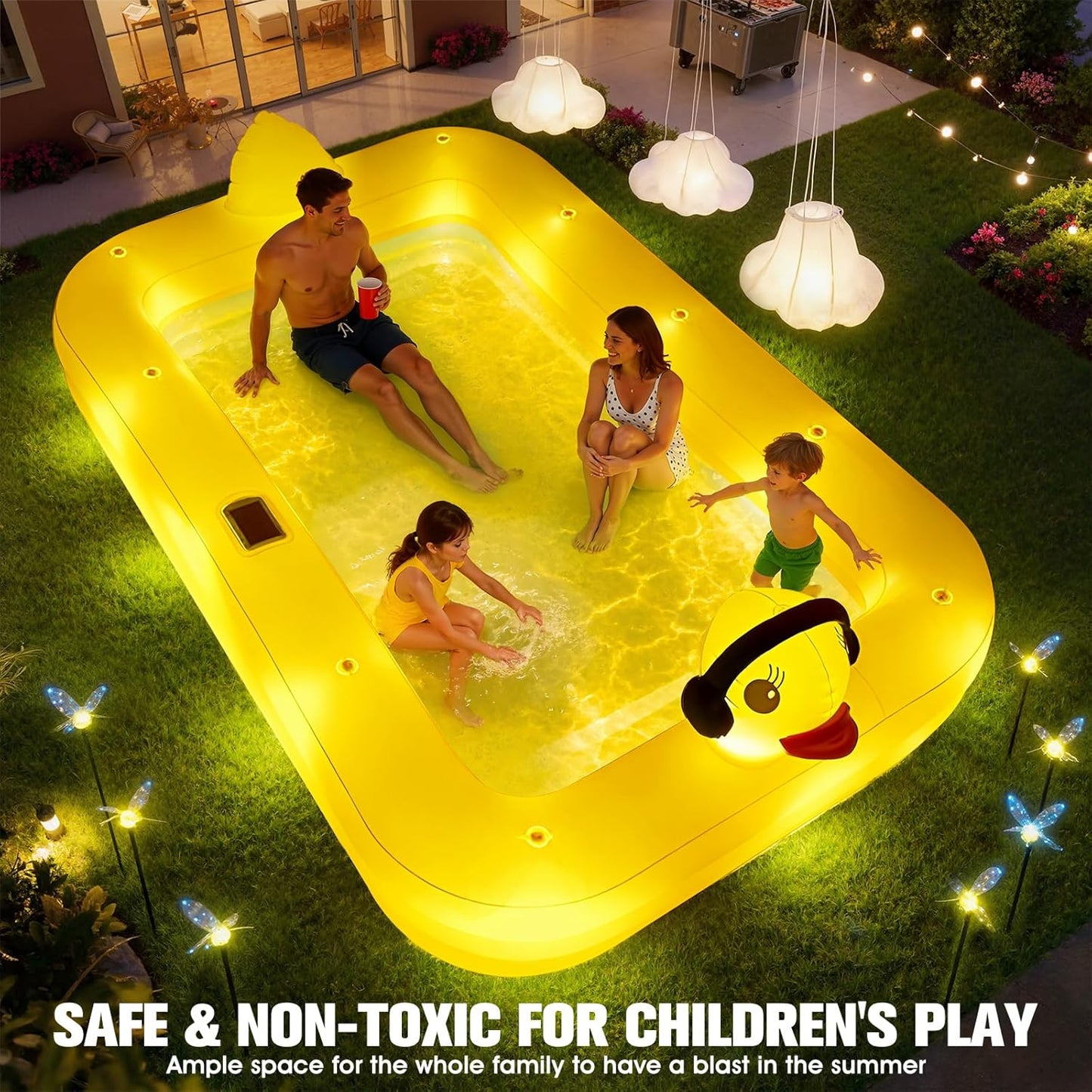 Solar Duck Inflatable Swimming Pool – Large Family Blow Up Kiddie Pool for Kids & Adults – 100" x 63" x 22"
