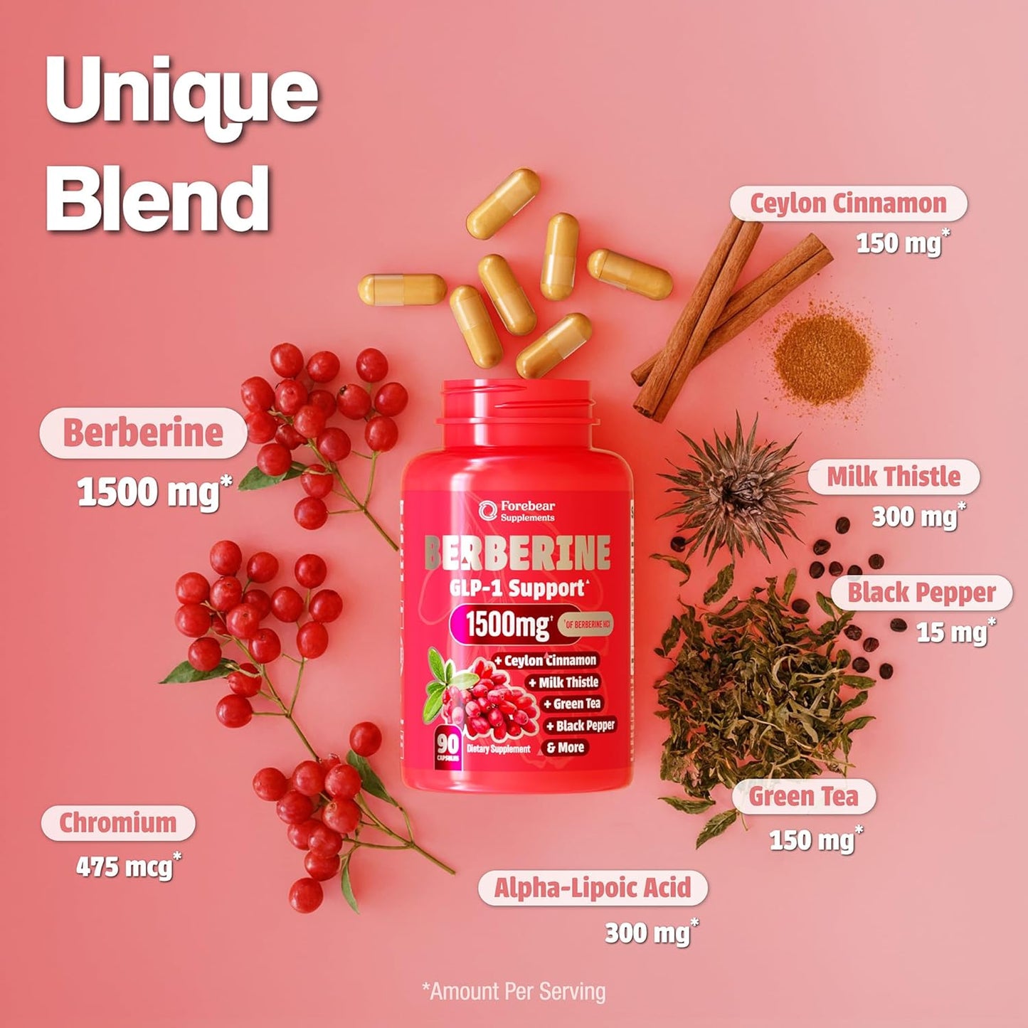 Berberine 1500mg GLP-1 Support Supplement – Appetite Control with Cinnamon & Green Tea (90 Veggie Capsules)