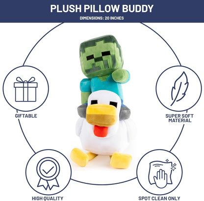 Minecraft Plush Pillow Buddy – 20" Soft Stuffed Pillow (Gray Chicken Jockey)