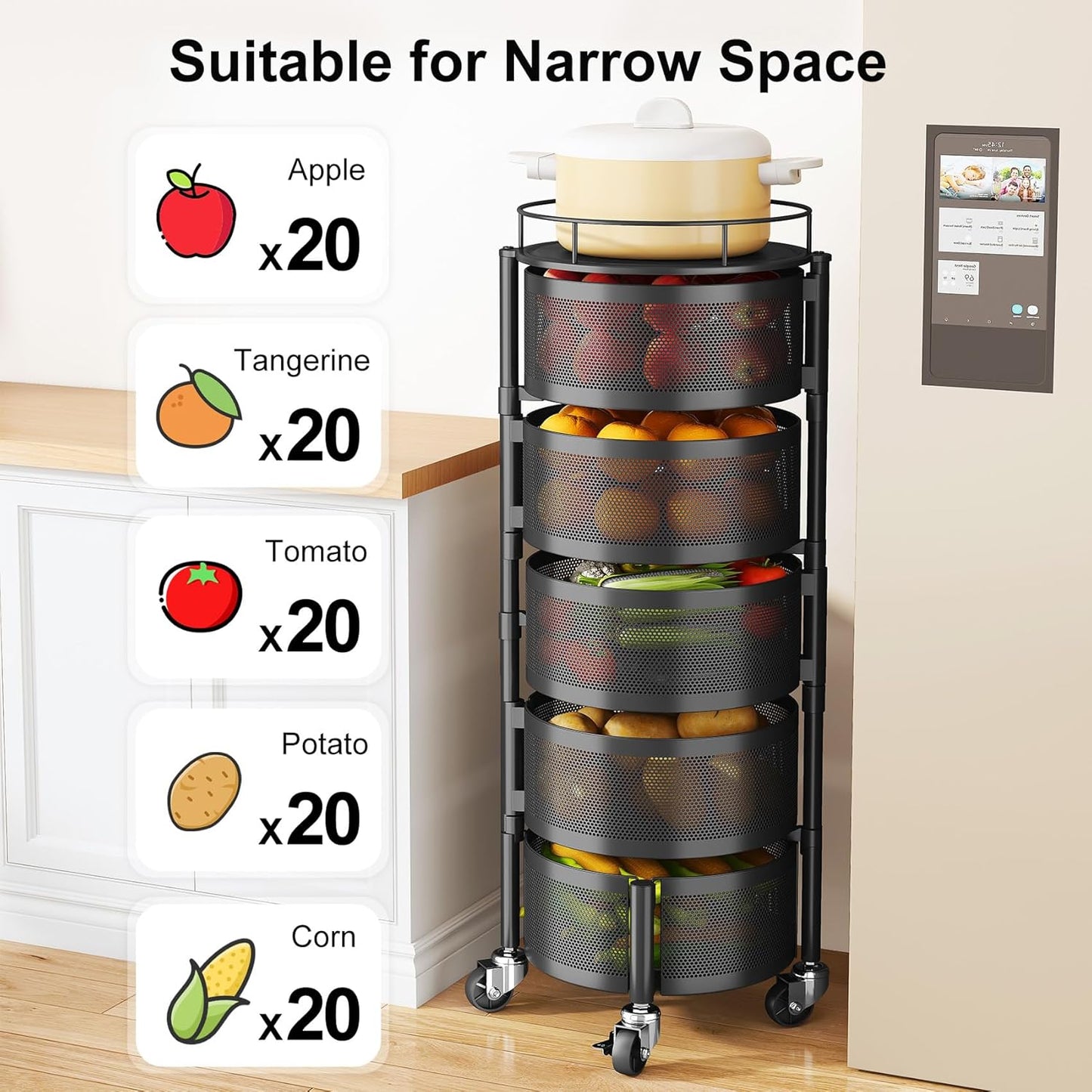 5-Tier Rotating Fruit & Vegetable Basket – Rolling Kitchen Storage Rack with Wheels & Lid – Black