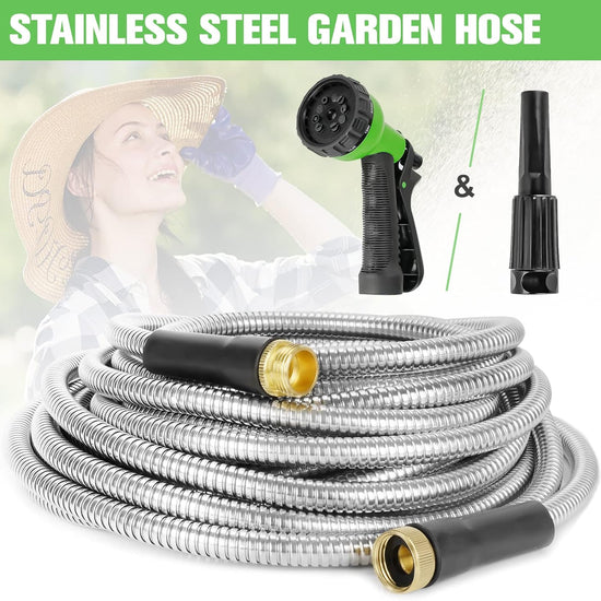 100ft Metal Garden Hose - Flexible Stainless Steel with Brass Fittings