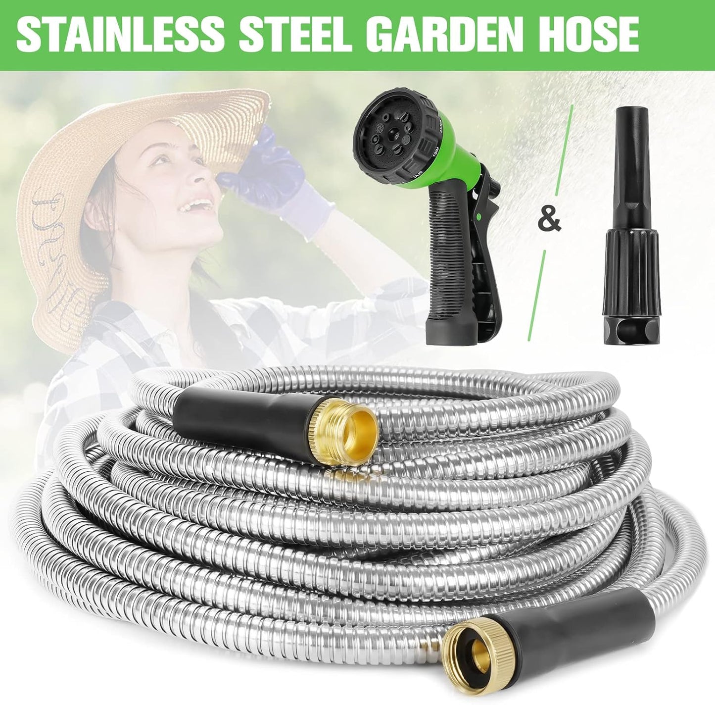 100ft Metal Garden Hose - Flexible Stainless Steel with Brass Fittings