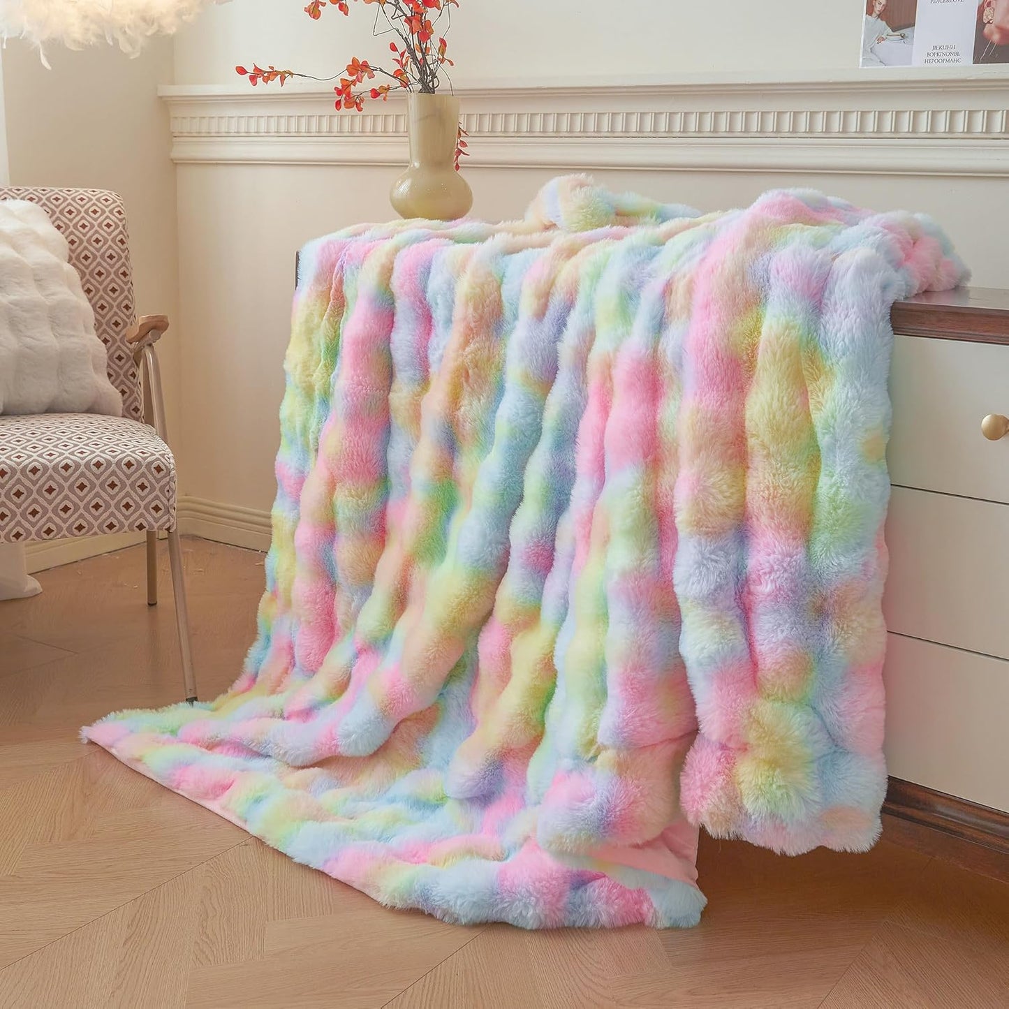 Fluffy Faux Rabbit Fur Bubble Throw – Rainbow Plush Shaggy Blanket (50" x 60")