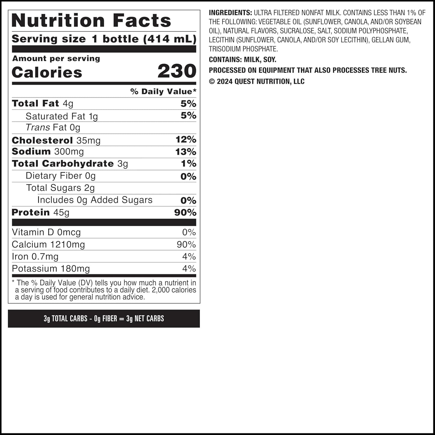 Vanilla Protein Shake – 45g Protein, 2g Sugar, Ready-to-Drink, Gluten Free – 12 Pack